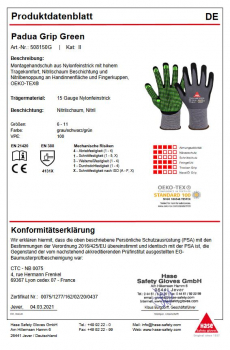 PADUA GRIP GREEN, Montagehandschuh aus Nylon/Nitrilschaum, grau/schwarz/grün - HASE - 508150G